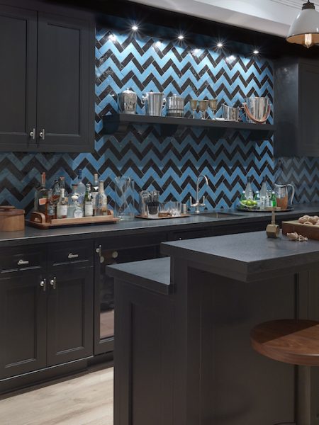 blue home bar, chevron backsplash