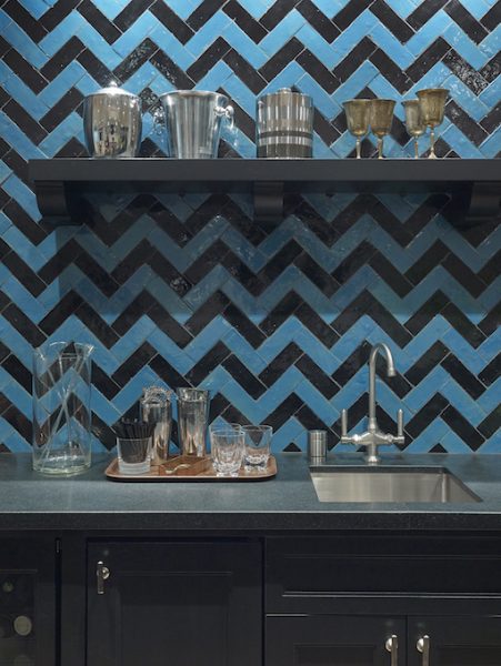 blue home bar, blue kitchen, blue cabinetry, chevron backsplash