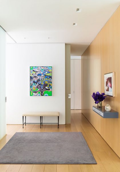 foyer, floating bookshelf, entryway bench