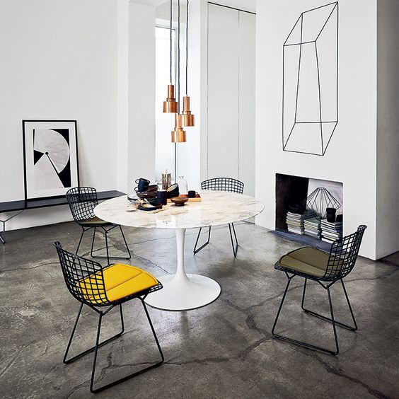 marble tulip table, eero saarinen, bertoia chairs