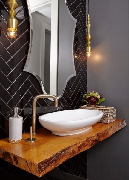 grout, bathroom grout, bathroom tile grout, floating vanity, live edge vanity, live edge bathroom vanity, herringbone tile, black herringbone tile, vessel sink