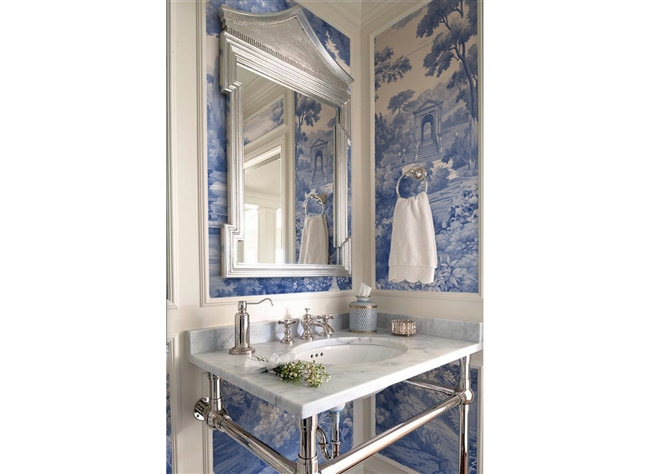 bathroom wallpaper, metal washstand, mural wallpaper