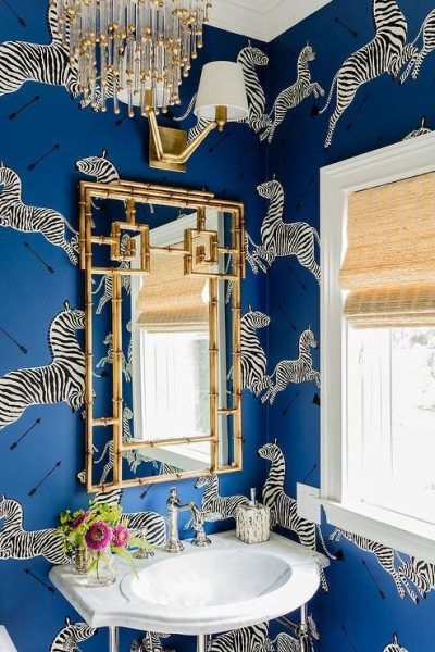 bathroom wallpaper, zebra wallpaper, pedestal sink, bathroom remodel