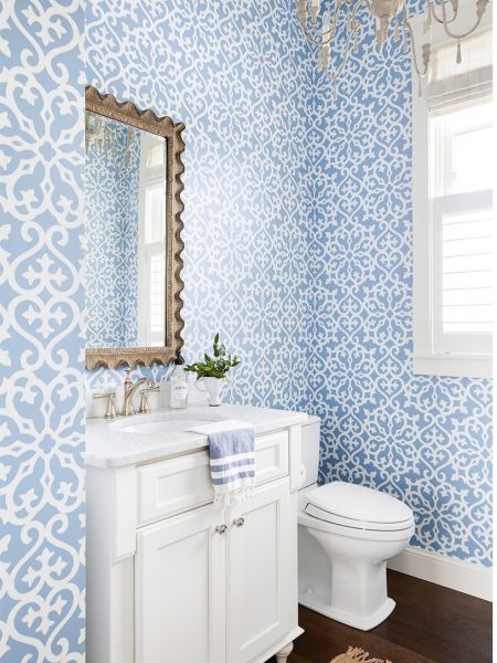 blue wallpaper, bathroom wallpaper, bathroom remodel