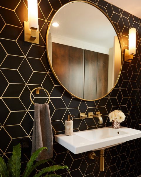 bathroom remodel, bathroom tile, bathroom backsplash, black tile, black rhombus tile