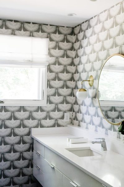 bathroom remodel, bird wallpaper, feather wallpaper, bird flock wallpaper