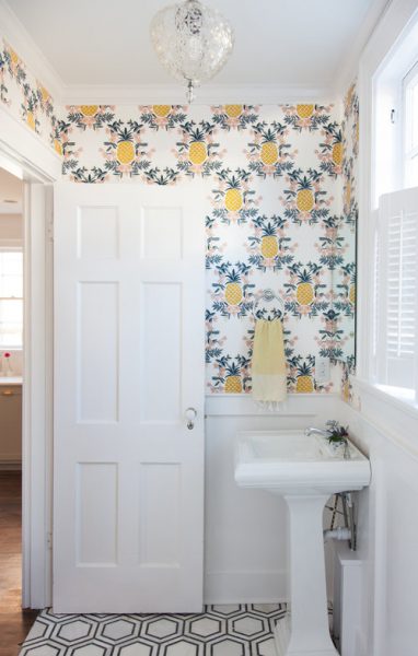 pineapple wallpaper, bathroom wallpaper, pedestal sink, bathroom remodel