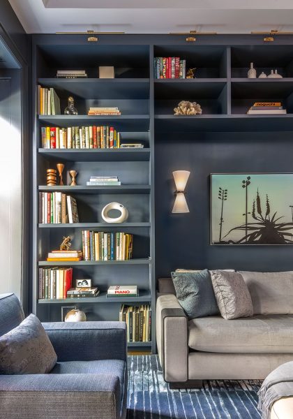 blue living room, blue home study, blue home library, blue built ins