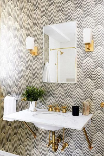 bathroom wallpaper, floating bathroom vanity, floating sink, floating vanity, exposed pipes, gold bathroom hardware