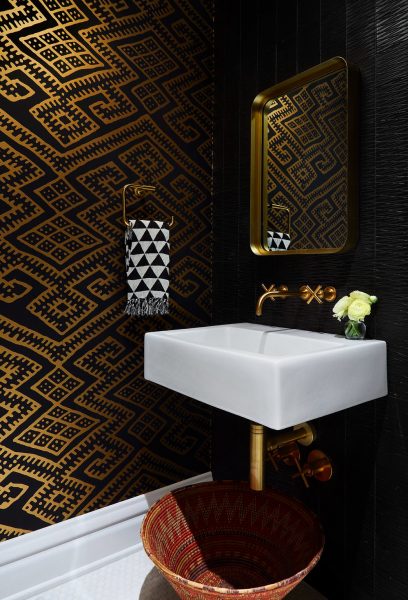 dark wallpaper, black and gold wallpaper, gold wallpaper, bathroom wallpaper, floating sink, floating bathroom sink, floating bathroom vanity, gold bathroom hardware