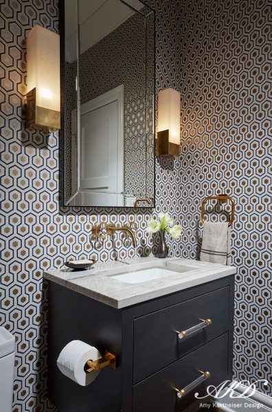 bathroom wallpaper, geometric wallpaper, blue vanity, blue bathroom vanity