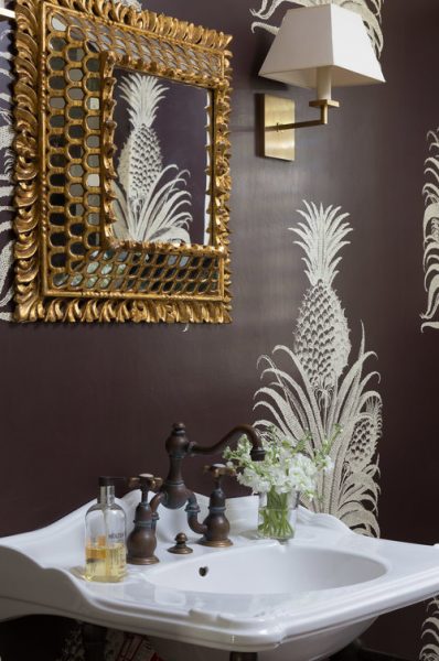 pineapple wallpaper, pedestal sink, bathroom remodel