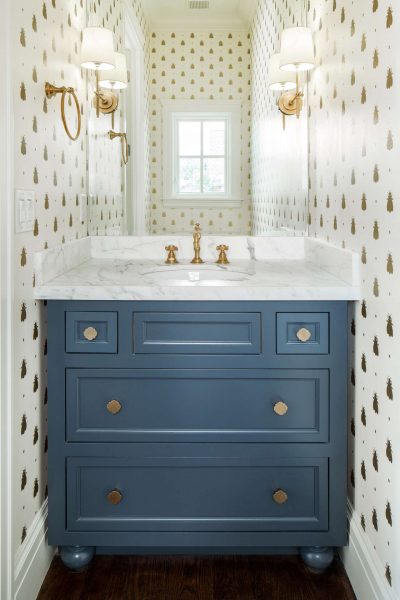 bathroom wallpaper, gold wallpaper, white and gold wallpaper, blue vanity, blue bathroom vanity