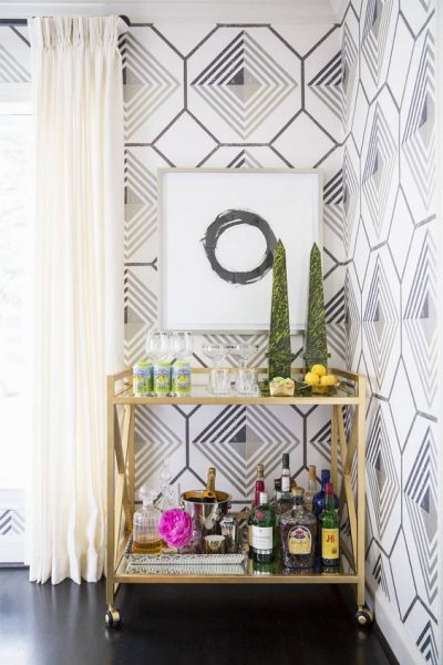 bar cart, gold bar cart, brass bar cart, how to style a bar cart, wallpaper, living room wallpaper