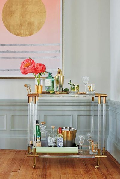 bar cart, how to style a bar cart, acrylic bar cart, gold bar cart