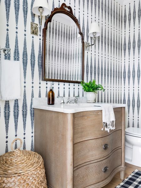 curved vanity, modern farmhouse bathroom, bathroom wallpaper, bathroom vanity