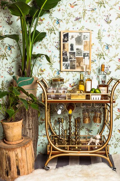 living room wallpaper, bar cart