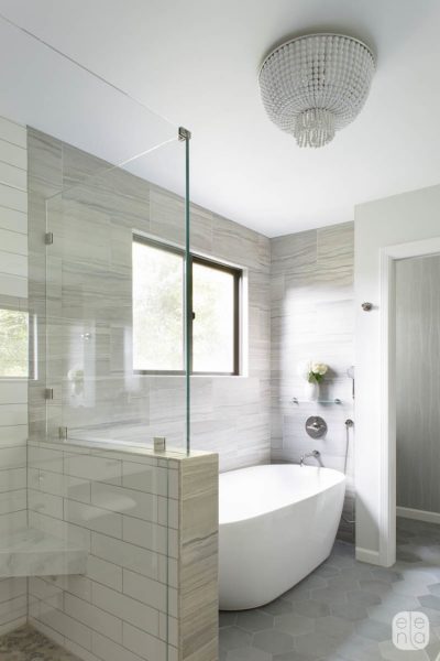 freestanding tub, walk in shower, glass shower door, bathroom remodel, hexagon tile, hexagon bathroom tile