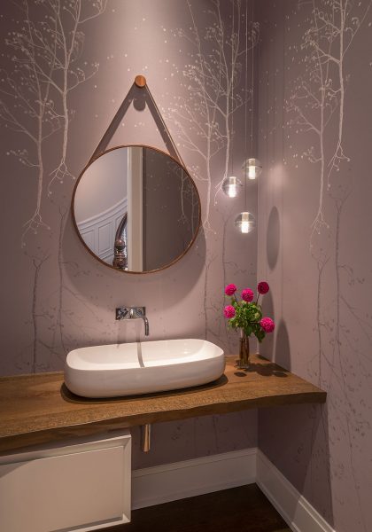 vessel sink, bathroom wallpaper, round mirror