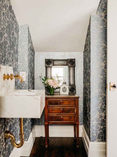 marble sink, gold hardware, bathroom wallpaper, blue bathroom