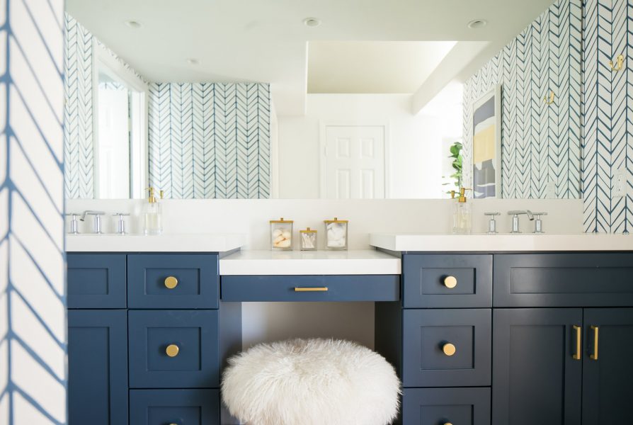 blue vanity, blue bathroom vanity, gold hardware, bathroom vanity, bathroom vanity ideas, bathroom remodel, modern bathroom