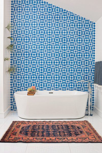 freestanding tub, patterned tile, bathroom tile, blue bathroom tile, blue spanish tile, spanish tile