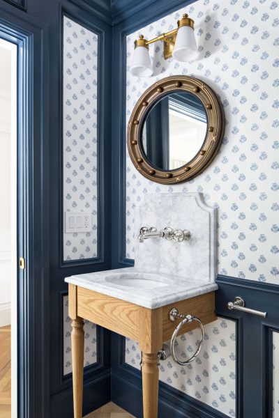 wooden washstand, blue bathroom, bathroom wallpaper