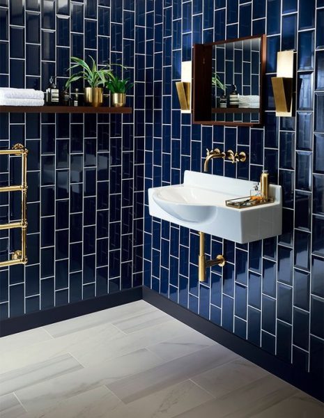 Stunning navy blue subway tile bathroom remodel 2020