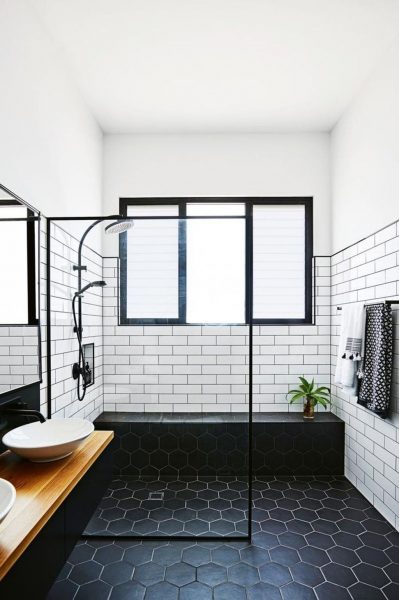 White Subway Tile and Black Hexagon Tile Modern Small Bathroom  2020