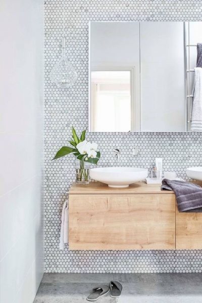 Small Rustic Penny Tile white and grey bathroom remodel 2020