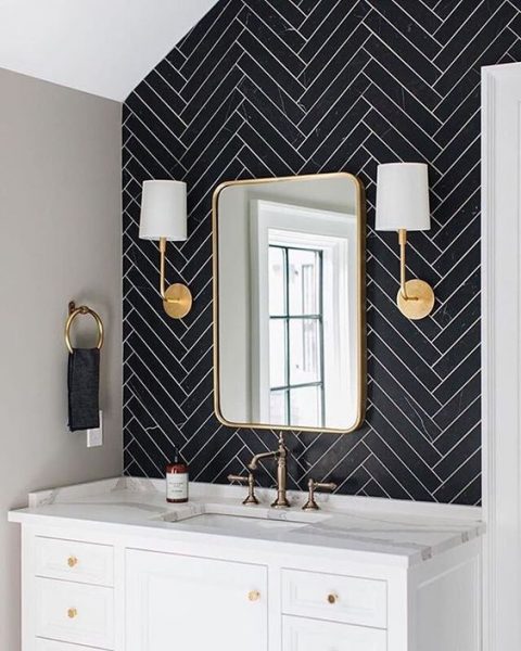 White Grout with Herringbone Slate Tile Bathroom Remodel 2020