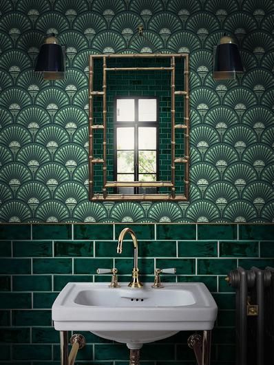 Hunter Green Subway Tile Eclectic Designed Bathroom