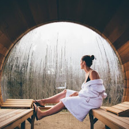 a view of nature from the big window of a barrel sauna at adrift hotel in Long Beach Washington